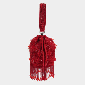 Grandeur Floral Sequins Bucket Bag - Red
