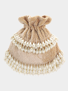 OYSTER DOUBLE LAYER PEARL POTLI BAG - BEIGE